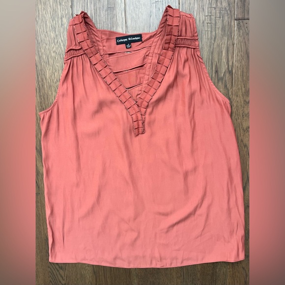 Catherine Malandrino Coral Sleeveless Blouse Ruffle Trim Ladder V-Neck Size M - Picture 2 of 9